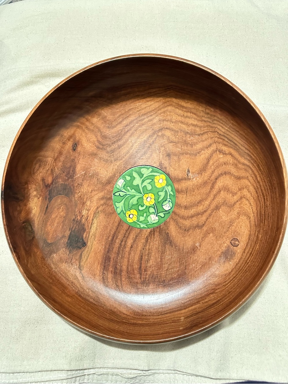Vintage | Bowl | Handcrafted Brown Wood Serving Bowl with Green Floral Inlay